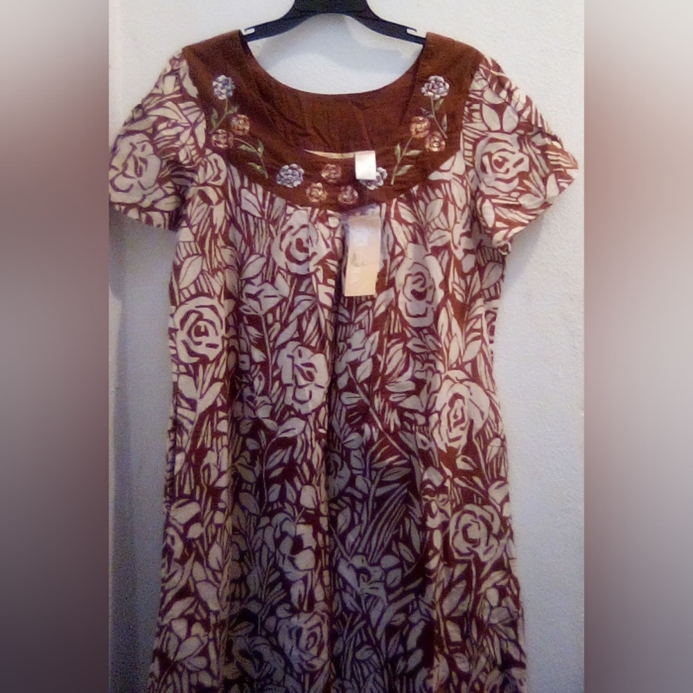 La Cera Floral Embellished Bohemian 100% Cotton Midi Dress Size L Resort Wear
